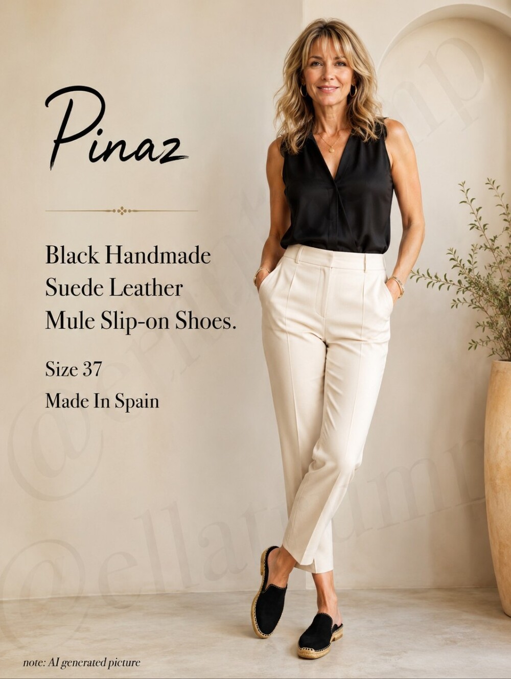 Pinaz Black Handmade Suede Leather Mule Slip-on Shoes.Size 37 Made In Spain